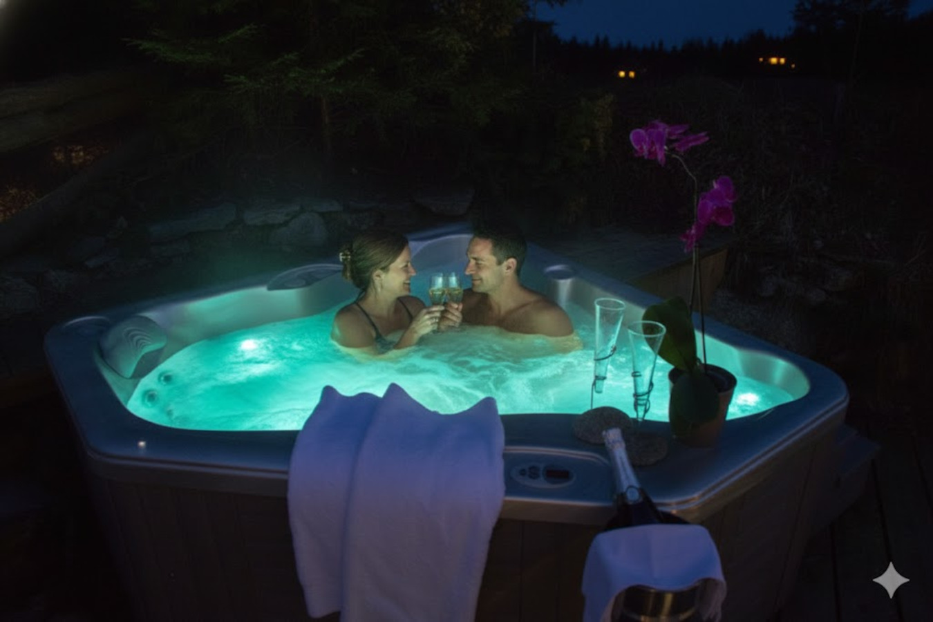 Un couple profitant d'un bain à remous (jacuzzi) éclairé la nuit en extérieur, trinquant avec des coupes de champagne dans une ambiance relaxante.